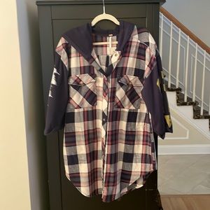 Free People Maddox Patched Plaid Tunic Oversized Varsity Shirt Size Small